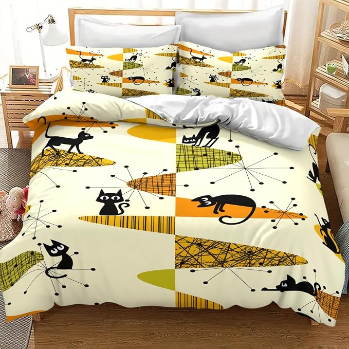 Geometry Modern Comforter Set,Mid Century Black Cat Abstract Atomic Geometric Vintage 1950s 1960s Pattern Print Yellow Bedding Set with Pillowcase for Bedroom Bed Decor,Full 79"x90"