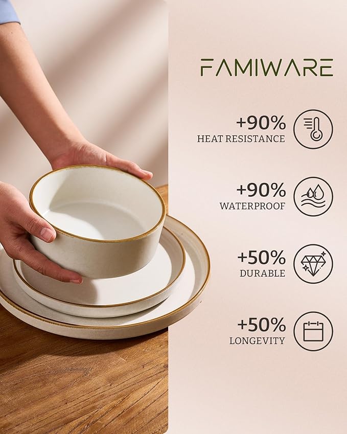 Famiware Nebula Plates and Bowls Sets, 18 Pieces Stoneware Dinnerware Sets, Reactive Glaze Dish Set, Dishes Set for 6, Matte Beige White with Brown Rim