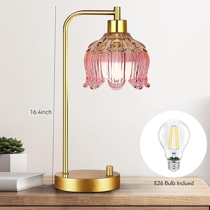 Pink Table Lamp Set of 2,Small Gold Bedside Lamps Dimmable Boho Bedroom Lamp with Tulip Flower Glass Lamp Shade,Vintage Mid Century Modern Mini Nightstand Lamp for Bedroom Living Room