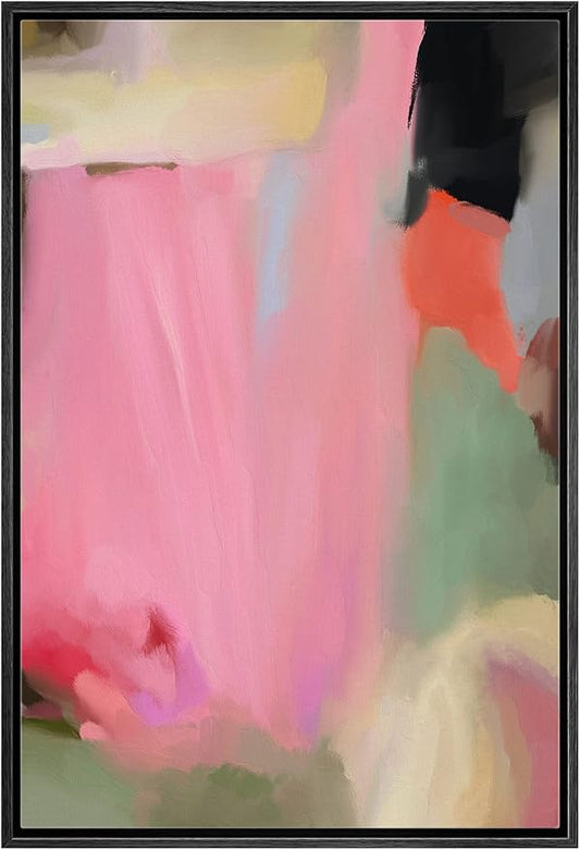 MUDECOR Framed Canvas Print Wall Art Pink Geometric Paint Strokes Abstract Shapes Illustrations Minimalism Decorative Relax/Zen Colorful Nordic for Living Room, Bedroom, Office - 16"x24" Black