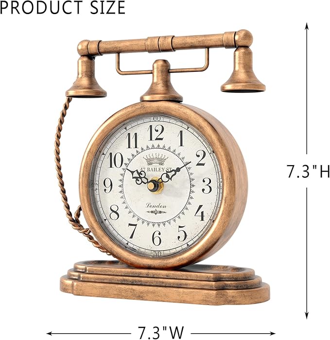 Vintage Table Clock, Desk and Shelf Decor Clock, Gold Antique Telephone Style Mantel Clocks, for Living Room, Farmhouse, Bedroom, Bedside, Gift (7.3" H x 7.3" W)