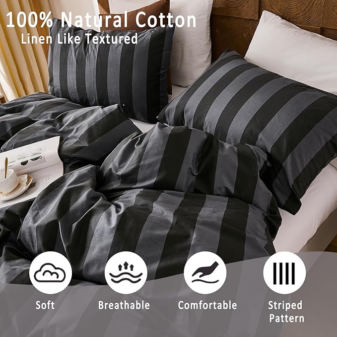 Merryword Black and Gray Striped Duvet Cover Set Queen Size - 100% Cotton Bedding Set with Zipper & Corner Ties, 3-Piece Luxury Linen Like Bedding Set for All Seasons