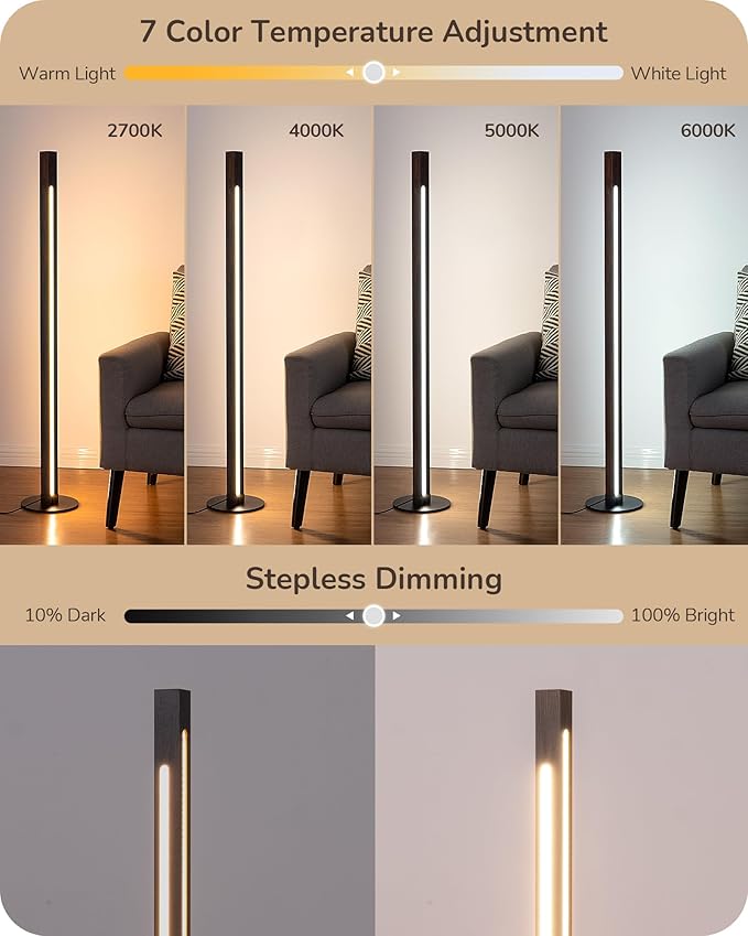 EDISHINE Floor Lamps for Living Room, Upgraded Dual-Sided Lighting, Wooden Corner Floor Lamp, LED Corner Lamp with Remote/Foot Control, 7CCT & Dimmable Standing Lamp for Bedroom, Office, Dark Walnut
