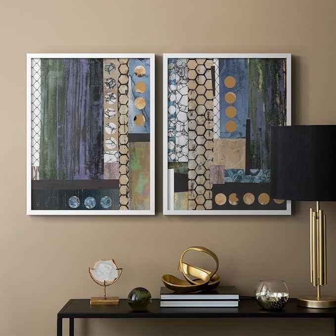 Renditions Gallery Set of 2 Peel & Stick Framed Prints, Geometric Abstract Wall Art, Hexagonal and Circular Pattern Wall Decor, Re-Stickable - Ready to Hang - 16"x20" - White Frame LT588