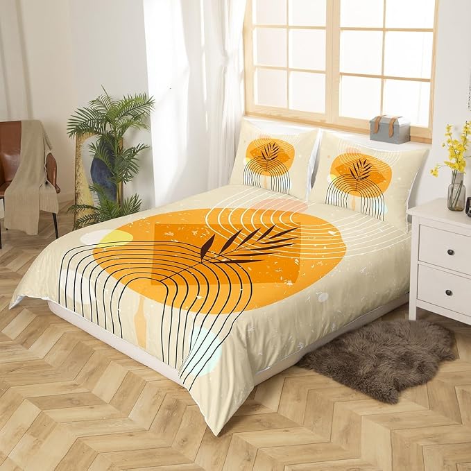 Erosebridal Geometric Stripe Bedding Sets Twin Retro Aesthetic Comforter Cover, Beige Minimalism Bed Set Modern Artwork Duvet Cover, Mid Century Quilt Cover with 1 Pillowcase Super Cozy