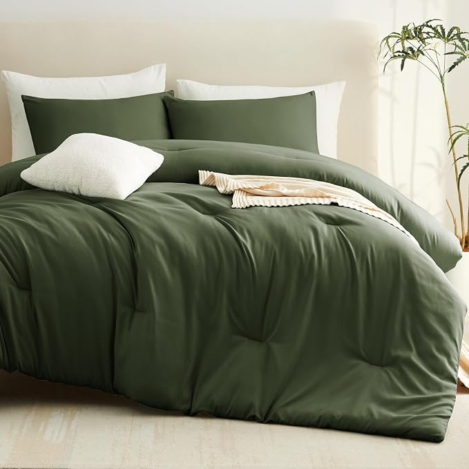 CozyLux Super King Plus Comforter Set Olive Green, 3 Pieces 128"x120" Lightweight Down Alternative Quilted Bedding Set, All Season Breathable Solid Comforter with 2 Pillowcases, Oversized Bed Set Gift
