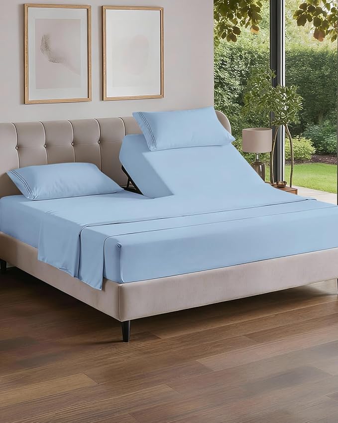 Flex Top Split Head King 4 Piece Sheet Set - Ultra-Soft, Breathable & Cooling Bed Sheets Set - Hotel Luxury Bedding for Women & Men with Deep Pockets - Wrinkle and Fade Free - Oeko-Tex - Light Blue