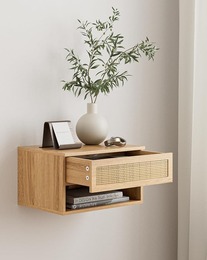 Floating Nightstand, Small Modern Floating Nightstand with Drawer, Floating Shelves for Bedroom, Bathroom (Oak Rattan)