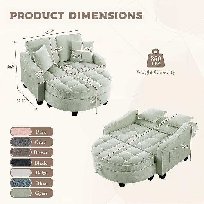 Oversized Curved Chaise Lounge Chair Indoor with Ottoman, 54.8" Cloud Boneless Reading Chair Soft Chenille Circle Couch w/Adjustable Backrest for Living Room, Apartroom, Bedroom, Cyan