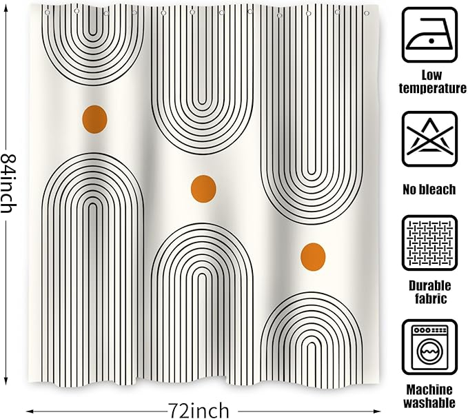 Boho Mid Century Extra Long Shower Curtain, Modern Abstract Arch Sun Ivory Machine Washable Waterproof Fabric for Bathroom Decor Bathtub with 12 Hooks 72Wx84H