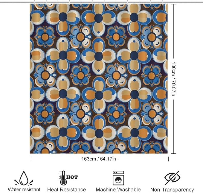 Bohemia Royal Blue Flowers Shower Curtain Mid Century Funky Retro Hippie 60s 70s Aesthetic Washable Waterproof Fabric for Bathroom Decor Bathtub with 12 Hooks 66x72in（168x183cm）