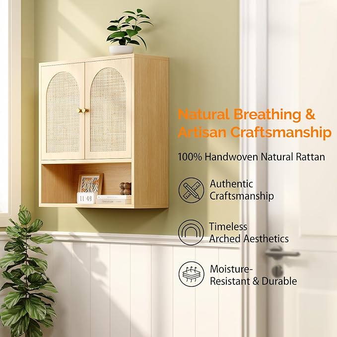 VINGLI Rattan Bathroom Wall Cabinet, Boho Medicine Cabinet with 2 Handwoven Rattan Doors & Adjustable Shelf, Wood Hanging Storage Cabinet with Open Shelf for Kitchen, Laundry, Entryway, Oak Finish