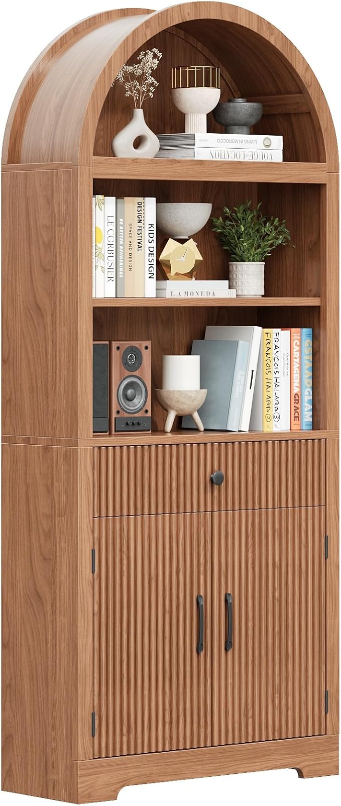 Farmhouse Arched Bookshelf, Mid-Century Modern 5-Tier Curved Cabinet with Door, Wooden Bathroom Storage Cabinet, Kitchen Pantry Cabinet for Living Room, Kitchen，Home Office, Walnut