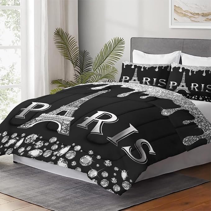WeCozy King Size Comforter Set with 2 Pillowcases, Silver Paris Eiffel Tower 3 Pcs Bedding for Kids and Adults, Black France French City Soft Comforter Set for Bedroom Bed Decor