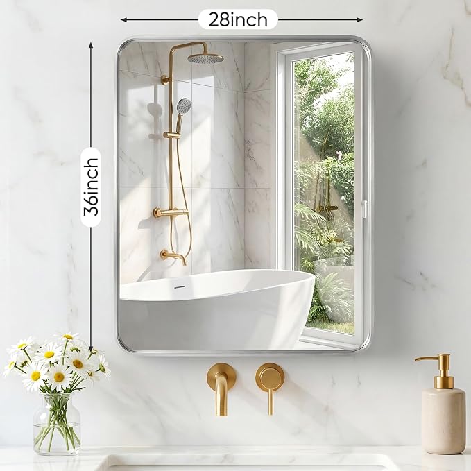 NEWBULIG 28X36 Inch Bathroom Mirror for Over Sink, Wall Vanity Mirrors Tempered Glass, Anti-Rust Metal Framed Rounded Rectangle, Hangs Horizontally or Vertically, Farmhouse Home Decor, Silvery