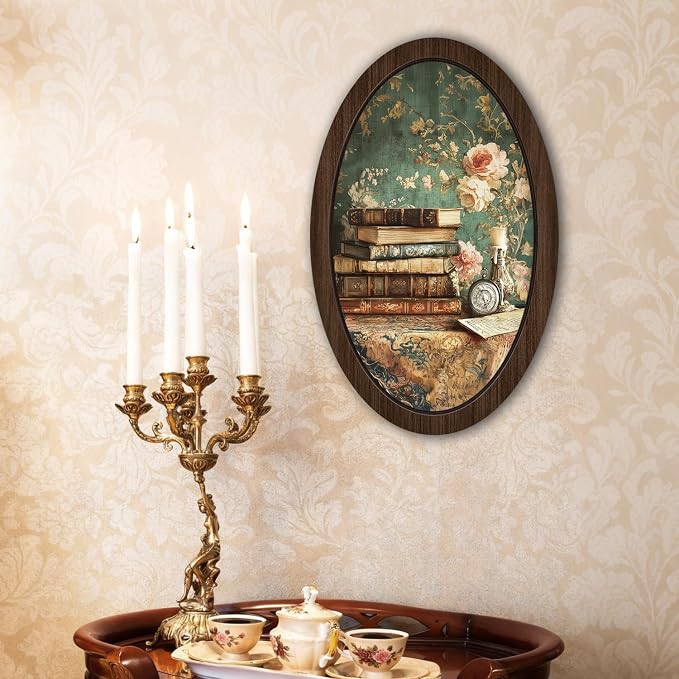 UYIKG Vintage Floral Wall Art Oval Framed,Farmhouse Oval Wall Decor,Rustic Farmhouse Cottagecore Wooden Framed Decor for Theme Room Home Bedroom Living Room Reading Room 9x14.6 in