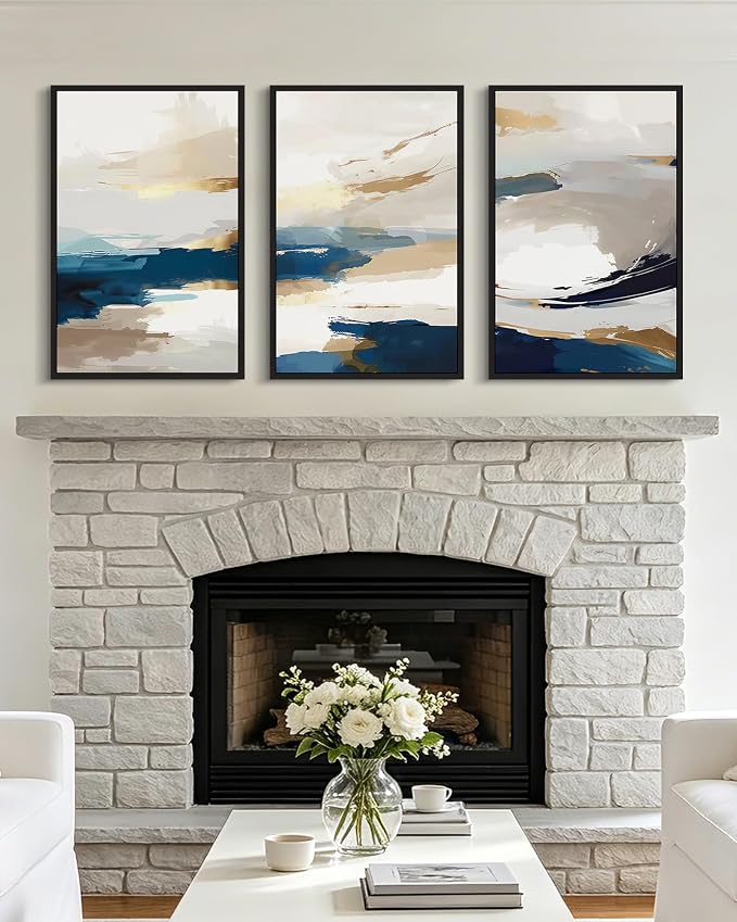 KUVIOKE Navy Blue Abstract Framed Canvas Wall Art Graffiti Shape Pastel Wall Decor Modern Minimalist Art Painting for Bedroom Living Room 16x24in (Black Framed)