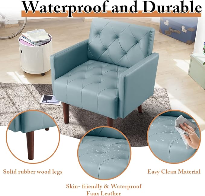 Faux Leather Accent Chair, Modern Retro Arm Chair for Living Room and Bedroom Tufted Upholstered Sofa Club Chair Comfy Armchair for Small Spaces Bedroom Office (Blue)