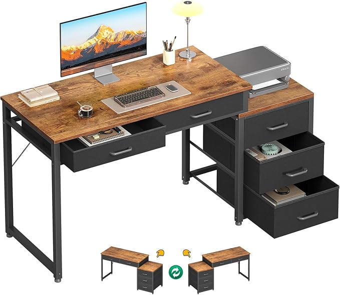 ODK Computer Desk with 5 Drawers, 53 Inch Office Desk with Printer Shelf, Reversible Work Desk for Home Office, Writing Table Desk for Storage, Rustic Brown
