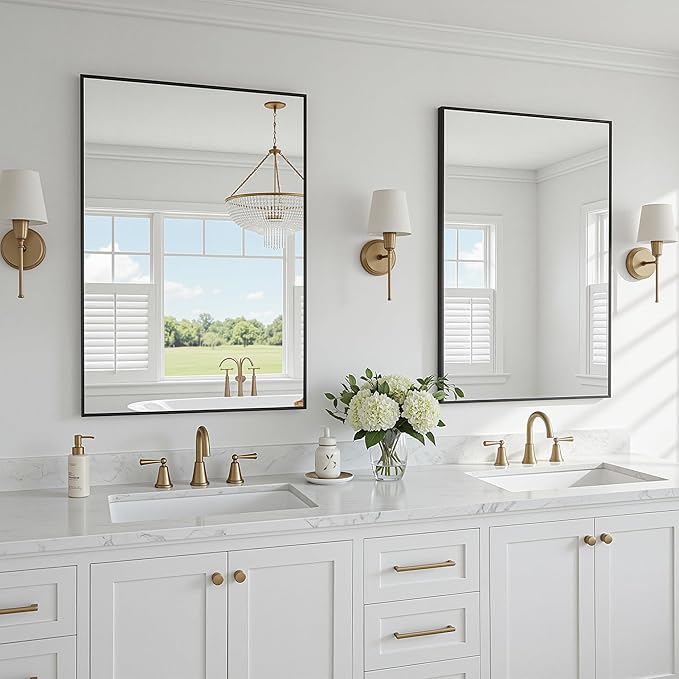2-Pack Bathroom Mirrors for Over Sink 24" x 32", Black Metal Frame Rectangle Wall Mirror, Modern Farmhouse Vanity Mirror(Horizontal/Vertical)