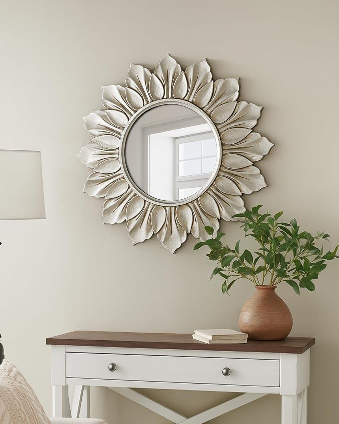 Sunflower Sunburst Wall Mirror, 22" Distressed Silver Wooden Frame, Handcrafted Petal Floral Design, Vintage Farmhouse Style Mirror for Wall Decor for Living Room, Bedroom, Bathroom, Vanity