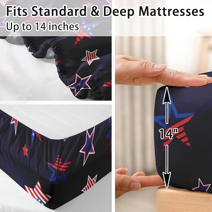 Pamnest Twin Size Bed Sheet Sets, American Flag Patriotic Soft Microfiber 3 Pcs Bedding Sets for Kids and Adults Bedroom Bed Decor, 4Th July Fourth Flat, Fitted Sheet and Pillowcases