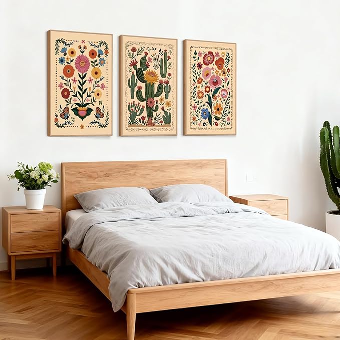HLNIUC Vintage Flower Framed Canvas Wall Art,Colorful Desert Cactus Flowers Wall Decor Set of 3(24”x36”) Botanical Floral Butterfly Wall Painting,Large Desert Plant Art Print for Living Room,Office