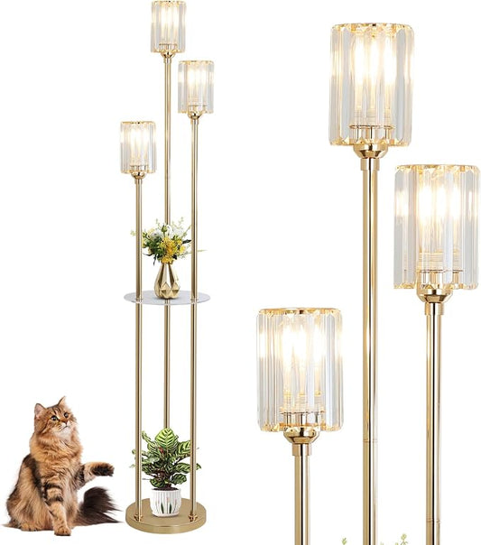 HMVPL Gold Floor Lamps for Living Room, Modern Floor Lamp with Shelves, Crystal Standing Lamps with Table, Brass Tall Lamp with Crystal Shade, On/Off Switch, Mid Century Corner Floor Lamp for Bedroom