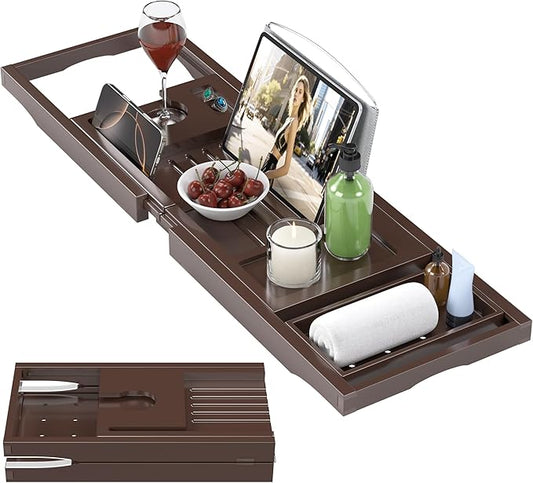 Foldable Bathtub Caddy Tray for Tub,Bamboo Expandable Bath Table Trays,Premium Bathroom Accessories for New Home & Mothers Day & Birthday Gifts for Couples,Brown