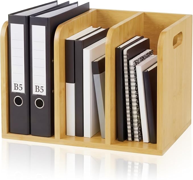 Novabright Bamboo File Magazine Holder Desk Organizer, 3 Vertical Compartments Workspace Sorters for Magazines, Binders, Notebooks, Envelopes(with Handle)