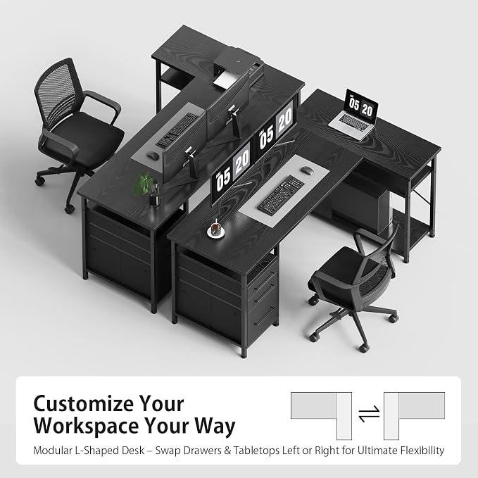 Maihail 55" Computer Desk with Drawers, Desks for Bedrooms, Writing Desk with Storage, Work Desk for Small Space, Black