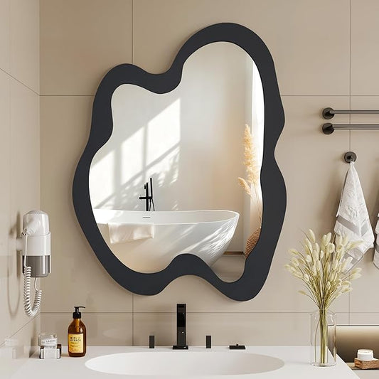 Irregular Wall Mirror - 24" x 32" Asymmetrical Wavy Mirror, Modern Decorative Wall Mirror with Black Wood Frame for Bedroom, Living Room, Entryway, Bathroom, Cloakroom