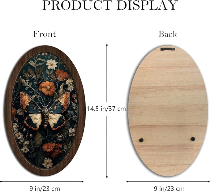 UYIKG Vintage Moth Wall Art Decor,Cottagecore Moth Floral Oval Wall Decor,Gothic Witchy Mystical Oval Wooden Framed Decorations for Theme Room Home Bedroom Living Room 9x14.6 in