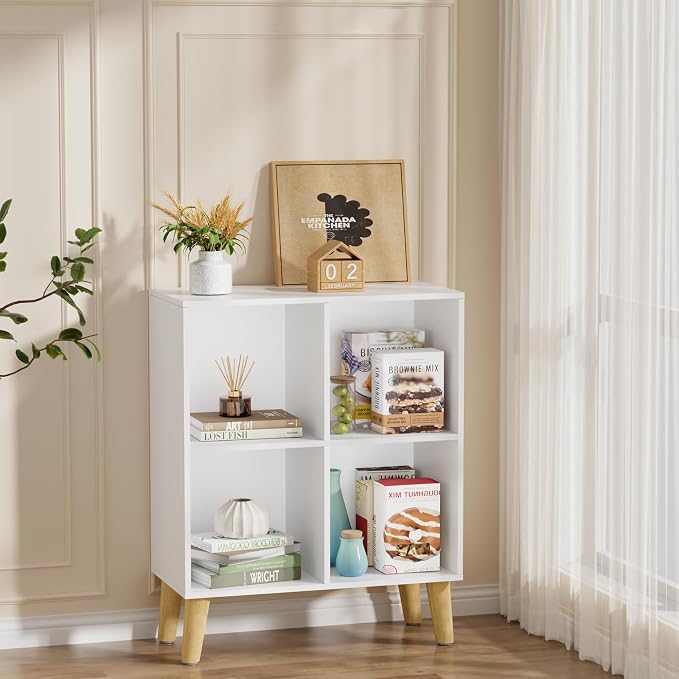 4 Cube Storage Organizer with Legs, 2 Tier Cube Low Bookcase Freestanding Storage Display Organizer for Home Office, Four-Cubes Open Shelf Short Bookshelf (White, 4 Cube)