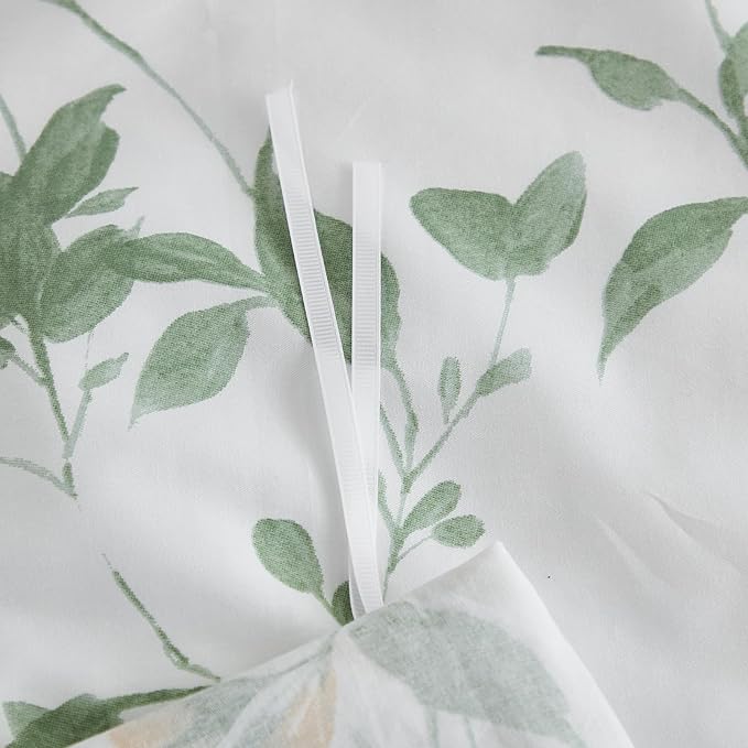 Floral Duvet Cover Queen Size 100% Cotton Reversible Green Floral Duvet Cover Set with Zipper Closure 3 Pcs Green Leaf Soft & Breathable Bedding Comforter Cover