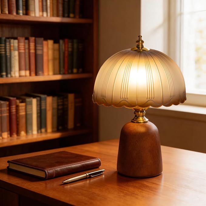13 inch Decorative Wooden Mid-Century Modern Small Table Lamp, Vintage Amber Glass Shade, Solid Wood Base, Dimmable Bedside Lamp for Bedroom Living Room, Aesthetic Home Decor, E26 Bulb Included