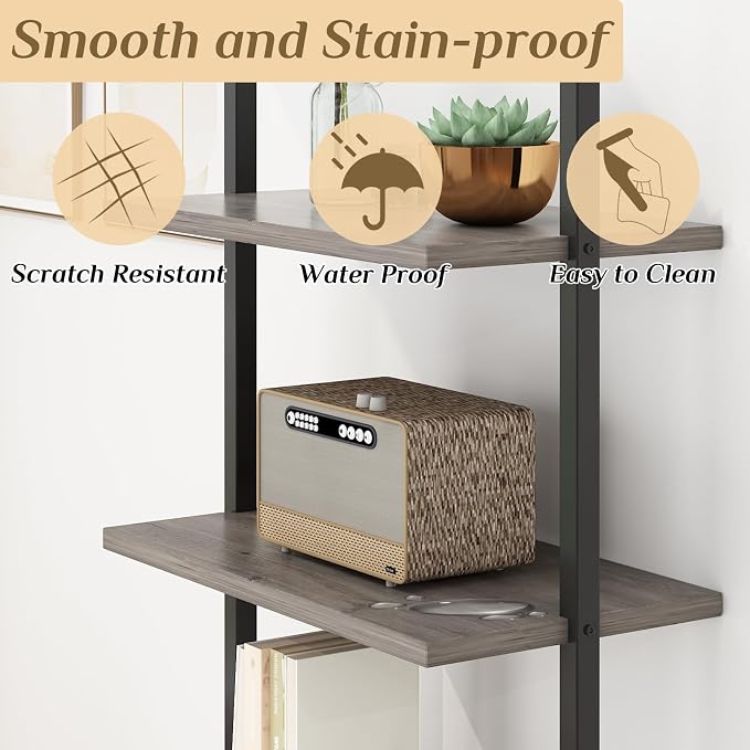 Karl home Ladder Shelf 5 Tier Wall Mounted Bookcase with Metal Frame, Open Design Shelves for Living Room, Bedroom, Home, Gray (23.62" L x 11.81" W x 70.87" H)