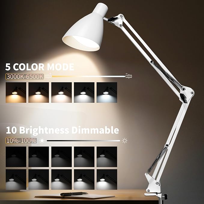 LED Desk Lamp with Clamp, 32" Classic Swing Arm Architect Desk Lamp 5 Color Modes 10 Brightness Level, Home Office Task Lamps Adjustable Gooseneck Clip-on Table Light for Reading, Home Working, Study
