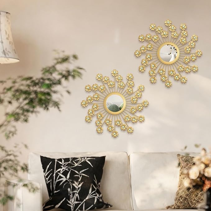 2 Pack Metal Mirrors for Wall Boho Sunburst Wall Mirror Home Decor Modern Decorative Wall Art for Bedroom Living Room Entryway