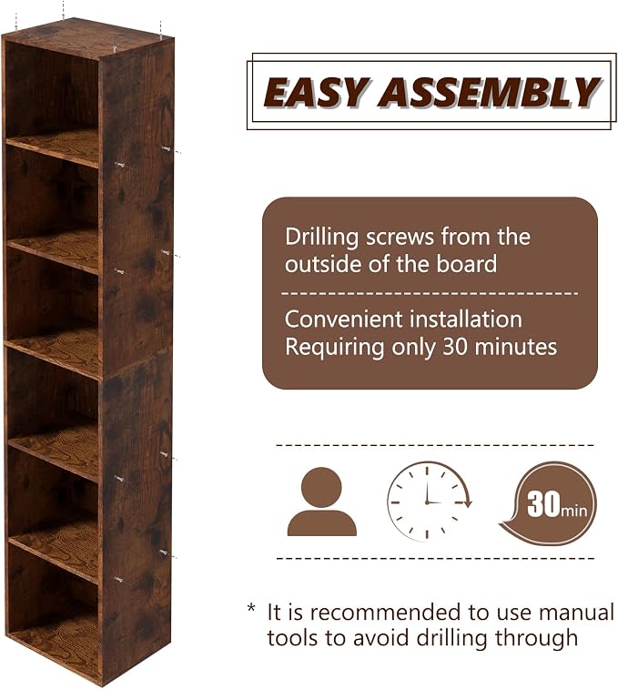 6-Tier Wooden Cube Storage Organizer, 62 Inch Tall Bookcase & Display Shelf with 6 Open Cubes, Freestanding DIY Closet Shelving Unit for Living Room Office(Retro Brown, 6 Cube-W(11.8inch)
