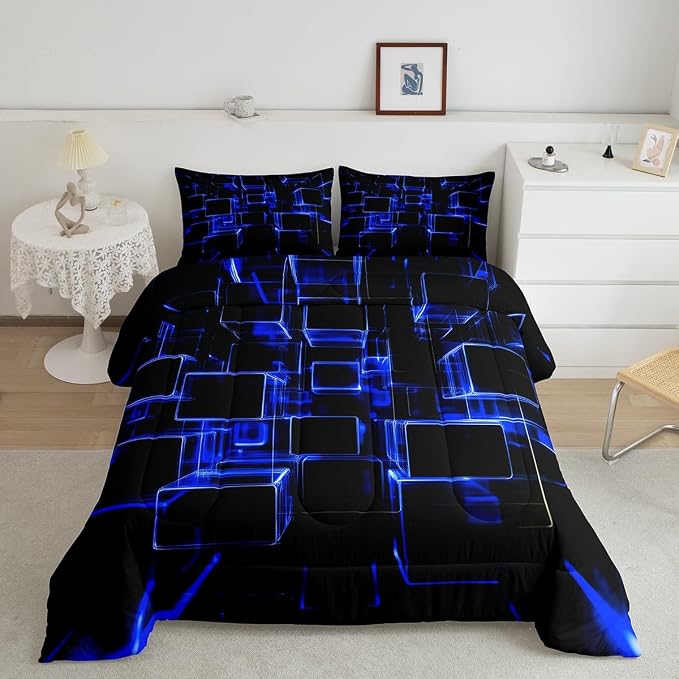 Erosebridal Honeycomb Blue and Black Kids Comforter Set, Modern Geometric Square Bedding for Boys Girls Gradient Neon Light Abstract Duvet Set King 3 Pieces