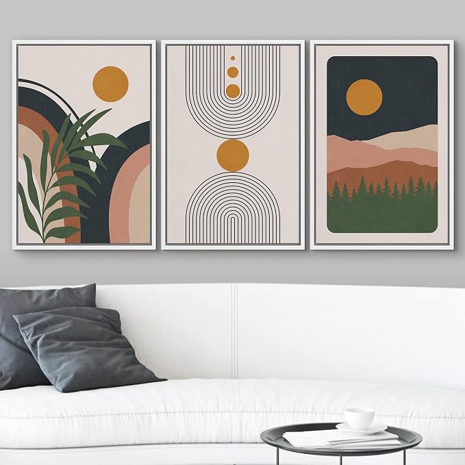 wall26 Framed Canvas Print Wall Art Set Boho Geometric Mid-Century Plant Planet Landscape Nature Abstract Illustrations Modern Bohemian Decorative for Living Room, Bedroom, Office - 16"x24"x3 White
