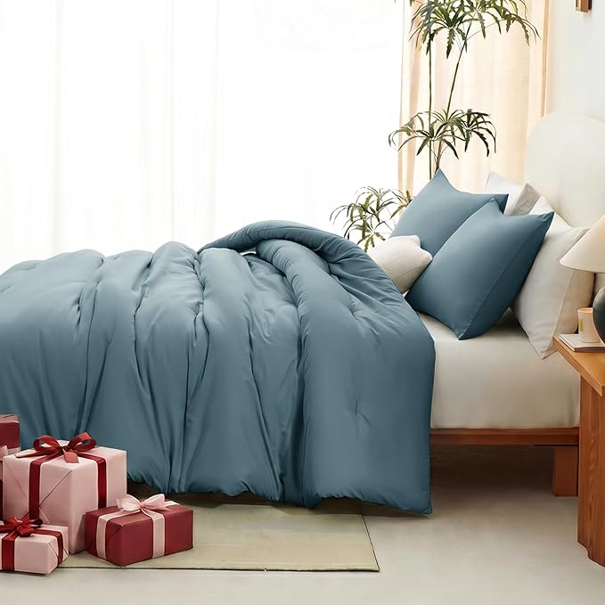 CozyLux California King Comforter Set Mineral Blue, 3 Pieces Cal King Lightweight Down Alternative Quilted Bedding Sets, All Season Breathable Solid Comforter with 2 Pillowcases, Bed Set Gift for Home