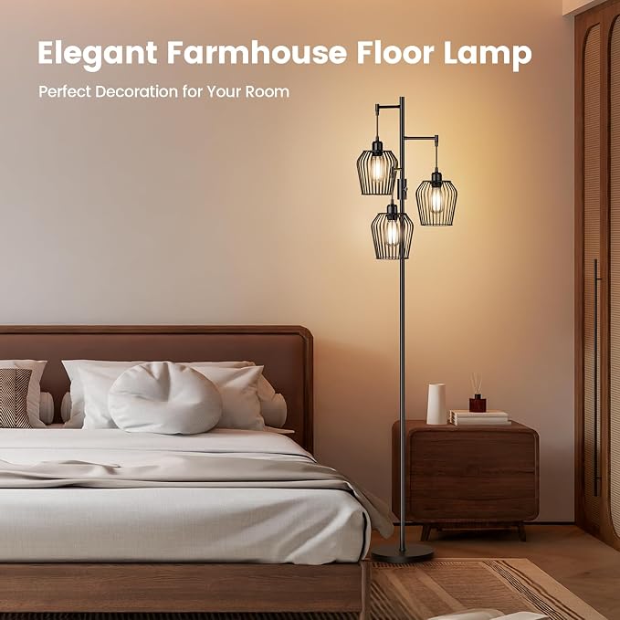 SIBRILLE Dimmable Floor Lamp, Farmhouse Industrial Floor Lamp with Elegant Cage & 3 x 1000LM LED Bulbs, Tall Standing Lamp Black Tree Floor Lamps for Living Room Bedroom Office