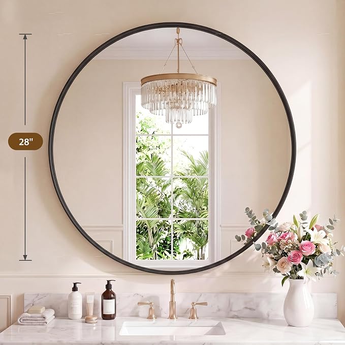 NEWBULIG 28-Inch Round Wall Mirror, Bathroom Wall Circle Mirror with Metal Frame, Bathroom Decor for Entryway, Living Room, Vanity, Black