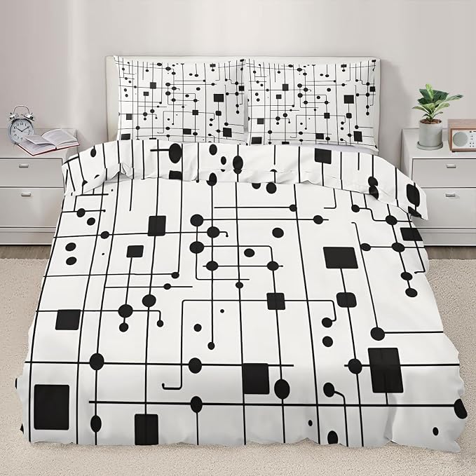 Black White Duvet Cover King Size, Modern Striped Square Geometric Block Bedding Set 3 Piece, Abstract Minimalism Art Patterned Comforter Cover with Zipper Soft Microfiber, 2 Pillowcases