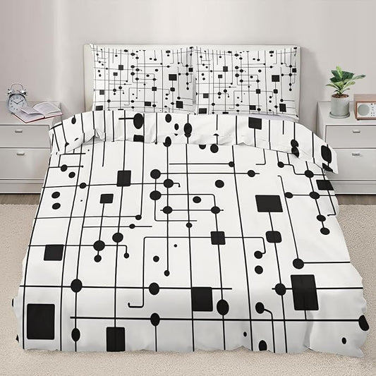 Black White Duvet Cover King Size, Modern Striped Square Geometric Block Bedding Set 3 Piece, Abstract Minimalism Art Patterned Comforter Cover with Zipper Soft Microfiber, 2 Pillowcases