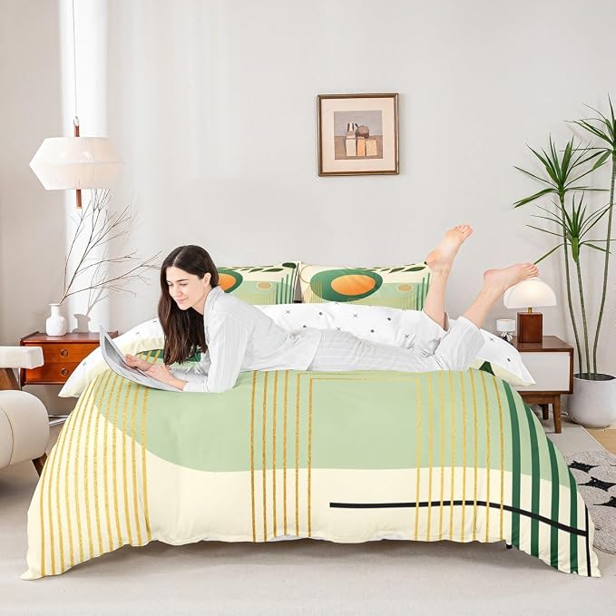 Erosebridal Boho Mid Century Duvet Cover King Size Green and Beige Neutral Modern Comforter Cover Geometric Abstract Bedding Set Minimalist Aesthetic Bed Set