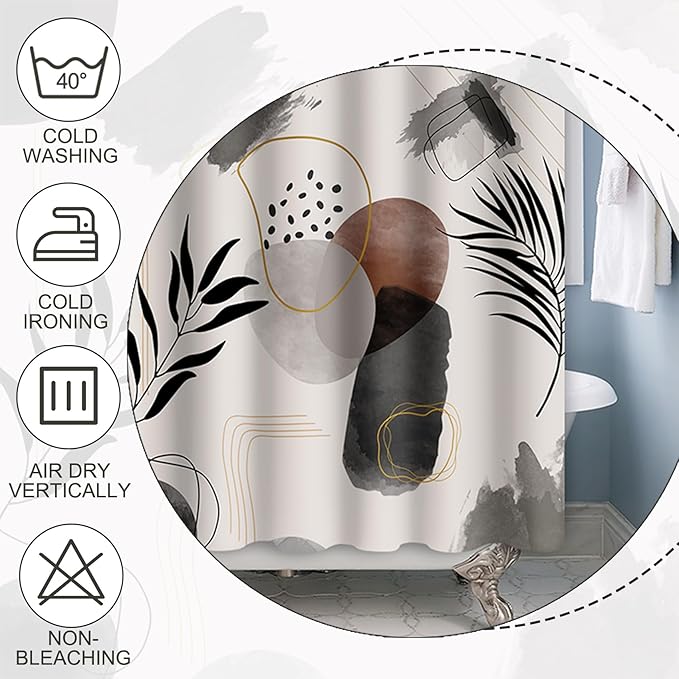 Baocicco Boho Shower Curtain Black Grey Plants Leaves Mid Century Modern Abstract Shower Curtains Decorative for Bathroom Waterproof Fabric Shower Curtain with Hooks 72x78 Inches