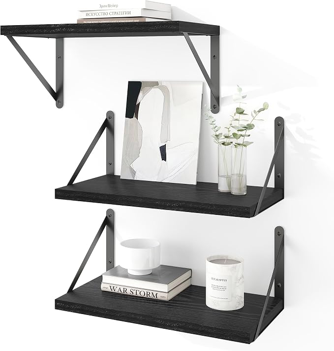 Heimlove Floating Shelves for Wall Set of 3,Light Wood Wall Mounted Bookshelf Decorative Shelf for Living Room Bathroom Bedroom Kitchen Laundry Pictures Plants Books Cats TV,Black